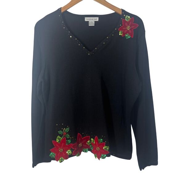 Bobbie Bell Top Size L Black Floral Embroidery Poinsettia Holiday Festive Ramie - Picture 1 of 7